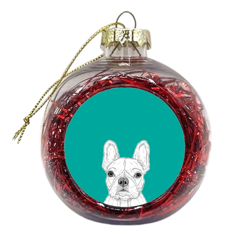French Bulldog Portrait ( teal background ) - xmas bauble by Adam Regester