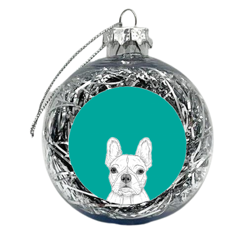 French Bulldog Portrait ( teal background ) - xmas bauble by Adam Regester