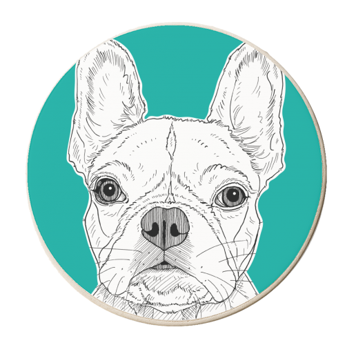 French Bulldog Portrait ( teal background ) - personalised beer coaster by Adam Regester