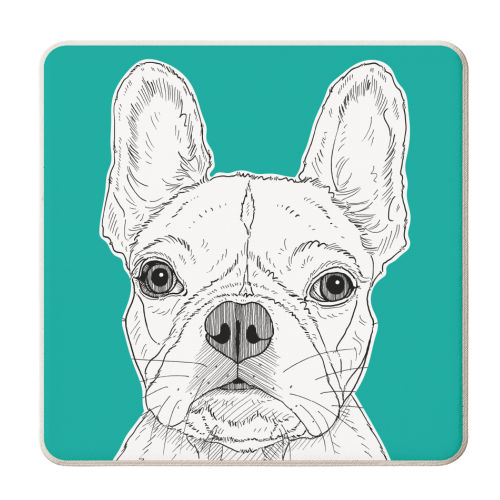 French Bulldog Portrait ( teal background ) - personalised beer coaster by Adam Regester
