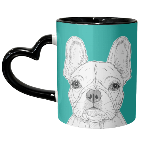 French Bulldog Portrait ( teal background ) - unique mug by Adam Regester