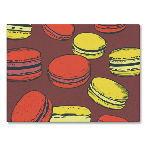 French Macarons Strawberry Lemon Citrus Red Yellow - glass chopping board by Art Heart Home and Fashion