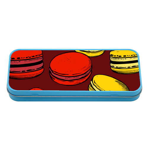 French Macarons Strawberry Lemon Citrus Red Yellow - tin pencil case by Art Heart Home and Fashion