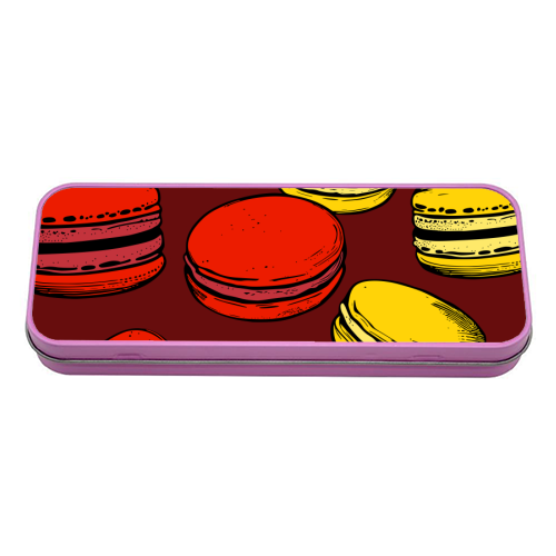 French Macarons Strawberry Lemon Citrus Red Yellow - tin pencil case by Art Heart Home and Fashion