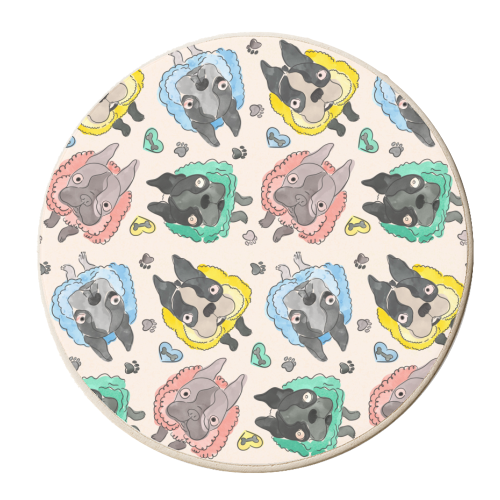 Frenchie Frills - French Bulldog playful repeat pattern - personalised beer coaster by Lisa Wardle