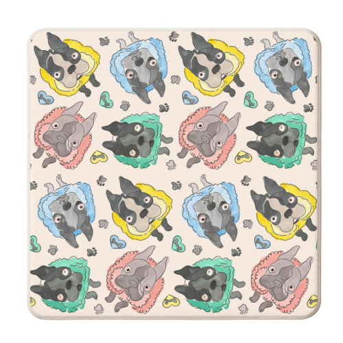 Frenchie Frills - French Bulldog playful repeat pattern - personalised beer coaster by Lisa Wardle