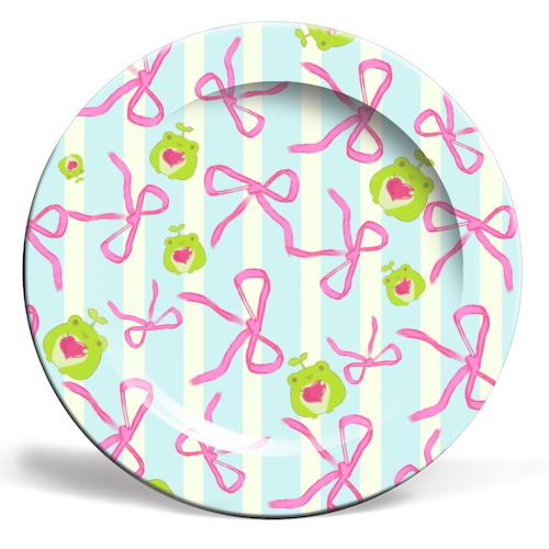 Frogs and Bows - ceramic dinner plate by Yaz Raja