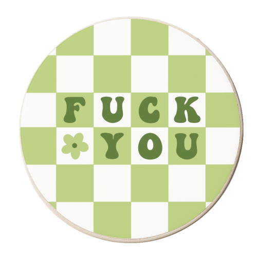 Fuck you checkerboard in green - personalised beer coaster by The Girl Next Draw