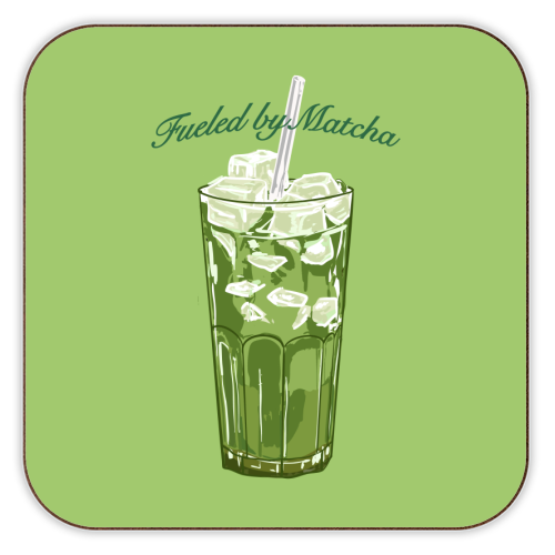 Fueled by Matcha – Vintage Green Tea Illustration - personalised beer coaster by EZbie