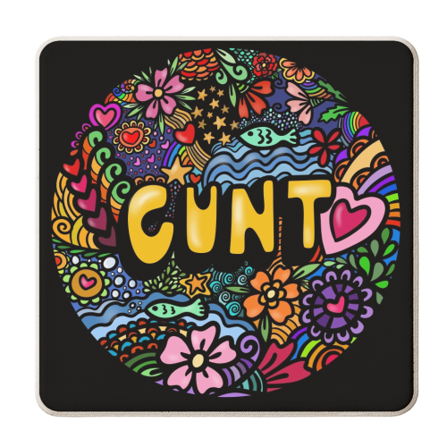 Funky circular Cunt - personalised beer coaster by PixieDrew