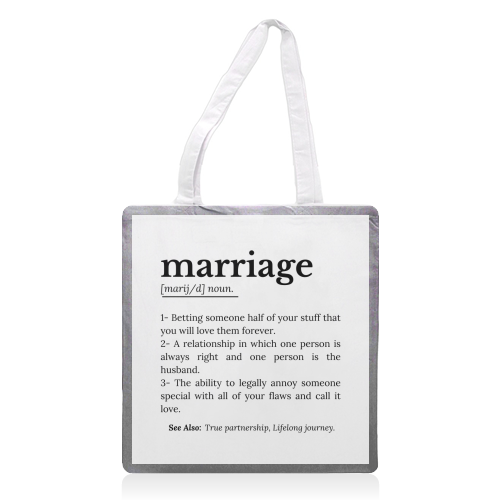 Funny Marriage Definition Typography Quote - printed canvas tote bag by timsal shol