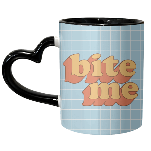 Funny Slogan Design BITE ME - unique mug by AbiGoLucky