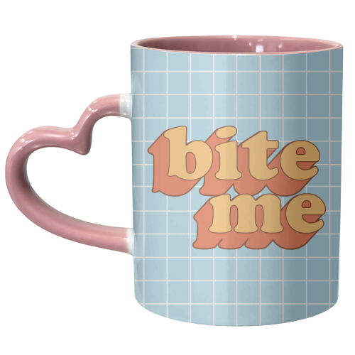 Funny Slogan Design BITE ME - unique mug by AbiGoLucky