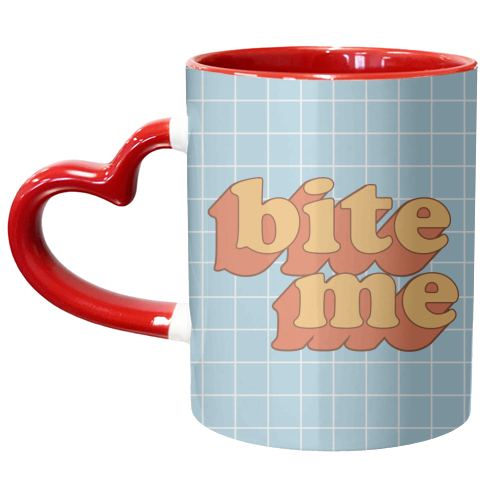 Funny Slogan Design BITE ME - unique mug by AbiGoLucky