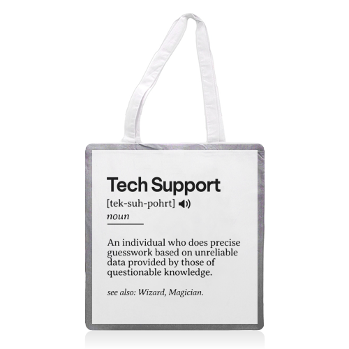 Funny Tech Support Definition | Minimalist Office Humor | IT Professional Gift | Geeky Definition Design | Black and White Typography - printed canvas tote bag by timsal shol