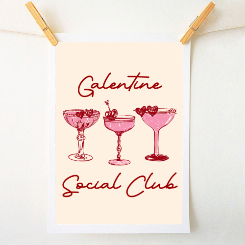 Galentines Social Club Pink Heart Valentine Cocktails - A1 - A4 art print by EZbie