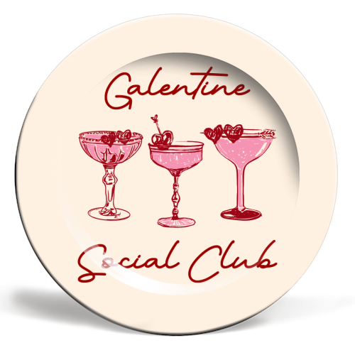 Galentines Social Club Pink Heart Valentine Cocktails - ceramic dinner plate by EZbie