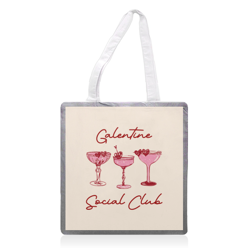Galentines Social Club Pink Heart Valentine Cocktails - printed canvas tote bag by EZbie