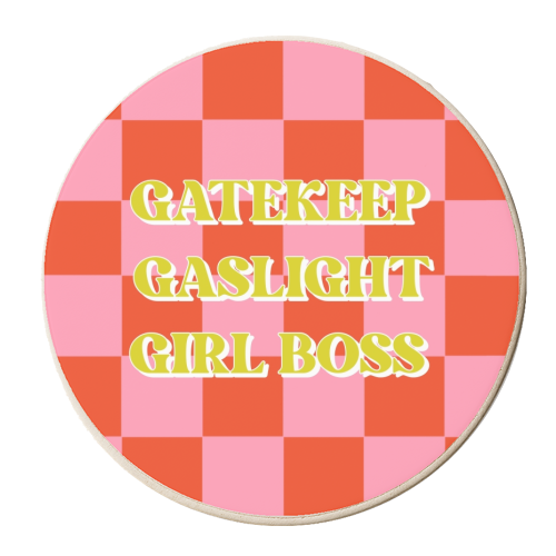 Gatekeep gaslight girl boss check - personalised beer coaster by The Girl Next Draw