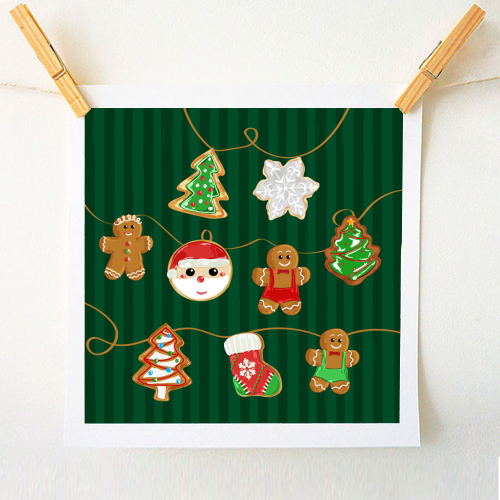 Gingerbread Man Cookies Garlands in Vintage Green Stripes - A1 - A4 art print by EZbie