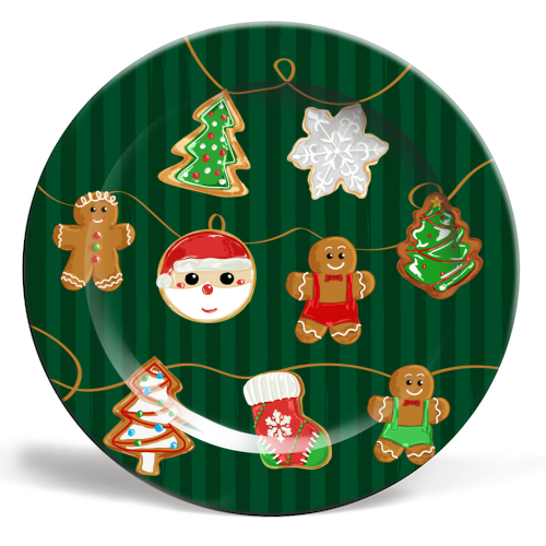 Gingerbread Man Cookies Garlands in Vintage Green Stripes - ceramic dinner plate by EZbie