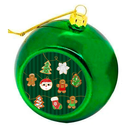 Gingerbread Man Cookies Garlands in Vintage Green Stripes - colourful christmas bauble by EZbie
