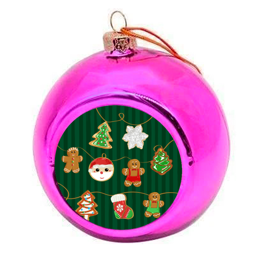 Gingerbread Man Cookies Garlands in Vintage Green Stripes - colourful christmas bauble by EZbie