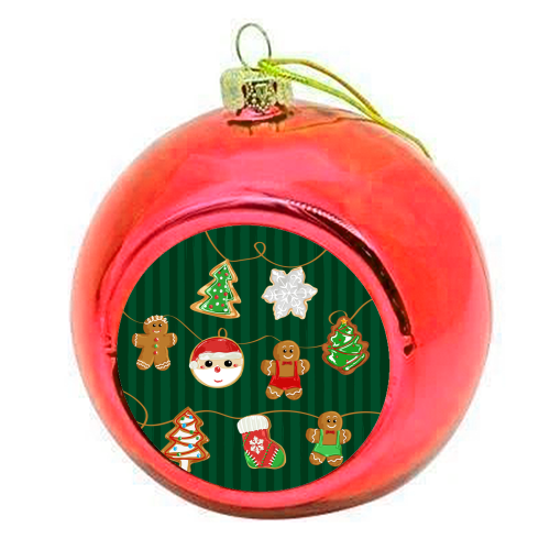 Gingerbread Man Cookies Garlands in Vintage Green Stripes - colourful christmas bauble by EZbie