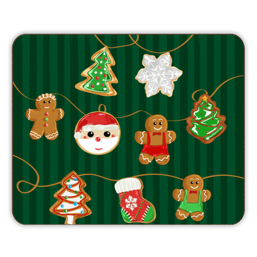 Gingerbread Man Cookies Garlands in Vintage Green Stripes - designer placemat by EZbie