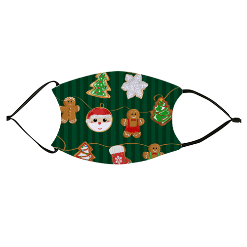 Gingerbread Man Cookies Garlands in Vintage Green Stripes - face cover mask by EZbie
