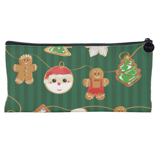 Gingerbread Man Cookies Garlands in Vintage Green Stripes - flat pencil case by EZbie