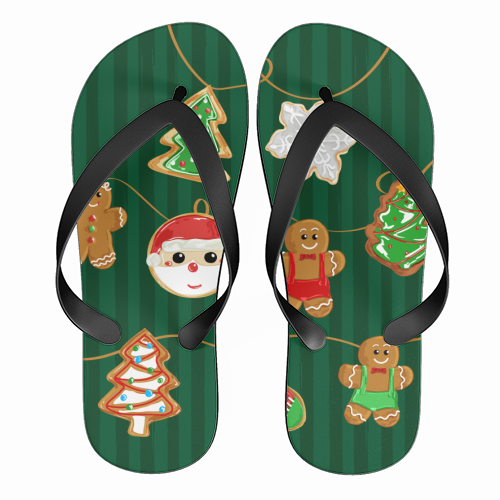 Gingerbread Man Cookies Garlands in Vintage Green Stripes - funny flip flops by EZbie