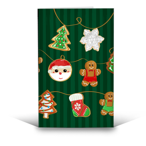 Gingerbread Man Cookies Garlands in Vintage Green Stripes - funny greeting card by EZbie