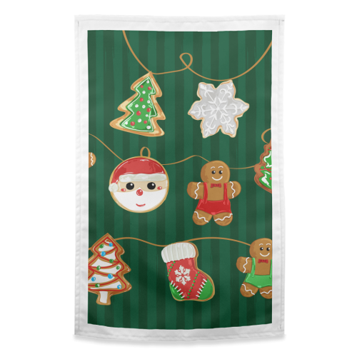 Gingerbread Man Cookies Garlands in Vintage Green Stripes - funny tea towel by EZbie