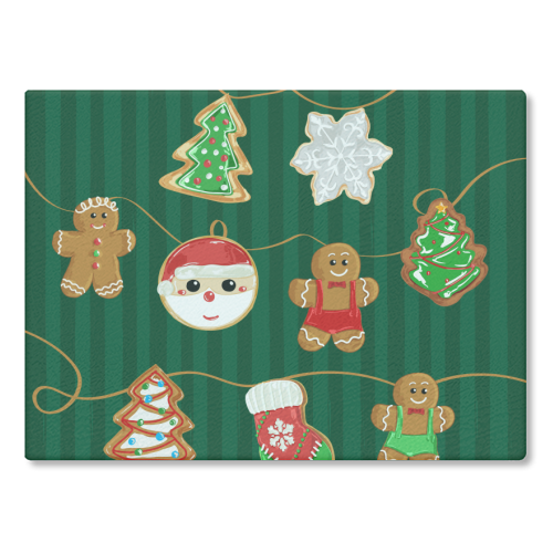 Gingerbread Man Cookies Garlands in Vintage Green Stripes - glass chopping board by EZbie
