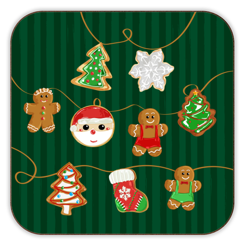 Gingerbread Man Cookies Garlands in Vintage Green Stripes - personalised beer coaster by EZbie