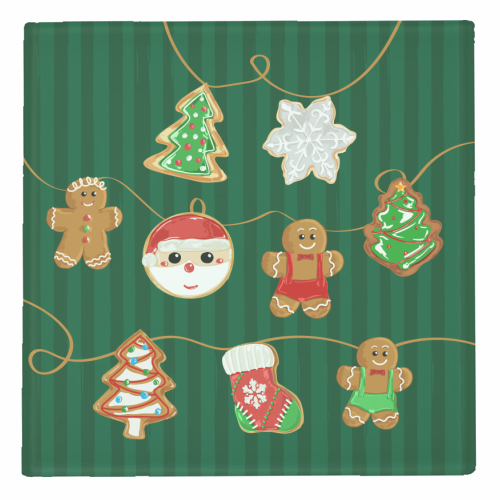 Gingerbread Man Cookies Garlands in Vintage Green Stripes - personalised beer coaster by EZbie