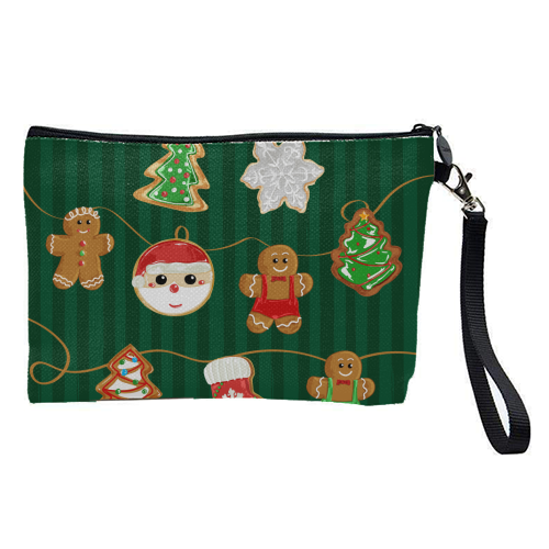 Gingerbread Man Cookies Garlands in Vintage Green Stripes - pretty makeup bag by EZbie