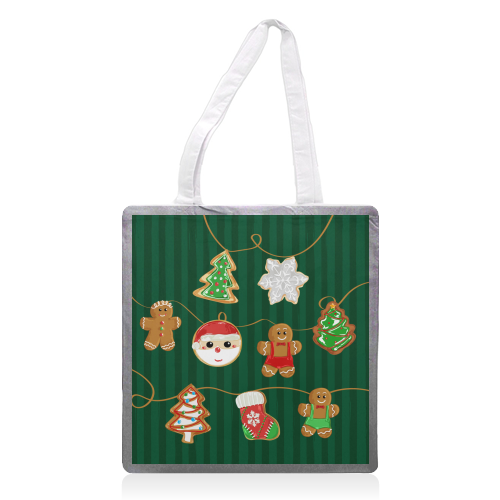 Gingerbread Man Cookies Garlands in Vintage Green Stripes - printed canvas tote bag by EZbie