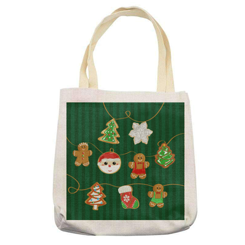 Gingerbread Man Cookies Garlands in Vintage Green Stripes - printed canvas tote bag by EZbie