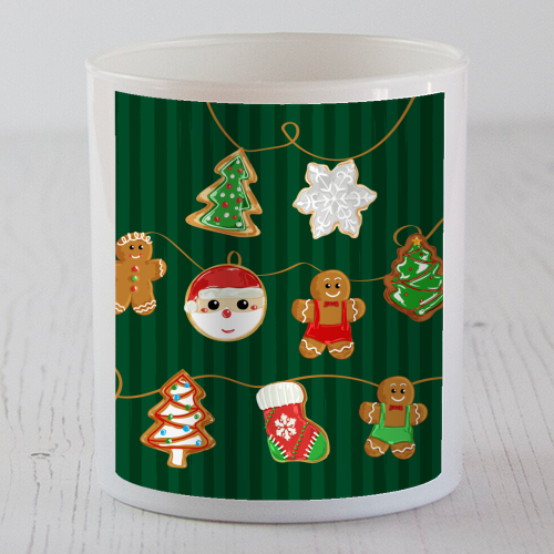 Gingerbread Man Cookies Garlands in Vintage Green Stripes - scented candle by EZbie