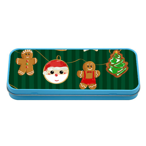 Gingerbread Man Cookies Garlands in Vintage Green Stripes - tin pencil case by EZbie