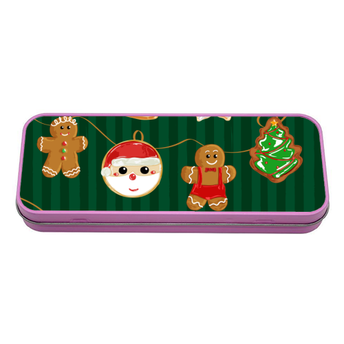 Gingerbread Man Cookies Garlands in Vintage Green Stripes - tin pencil case by EZbie