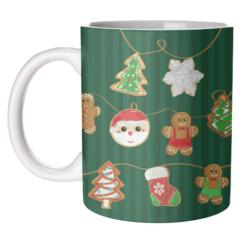Gingerbread Man Cookies Garlands in Vintage Green Stripes - unique mug by EZbie