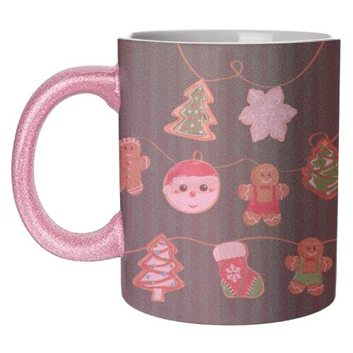 Gingerbread Man Cookies Garlands in Vintage Green Stripes - unique mug by EZbie