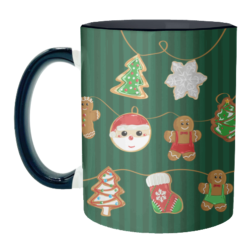 Gingerbread Man Cookies Garlands in Vintage Green Stripes - unique mug by EZbie