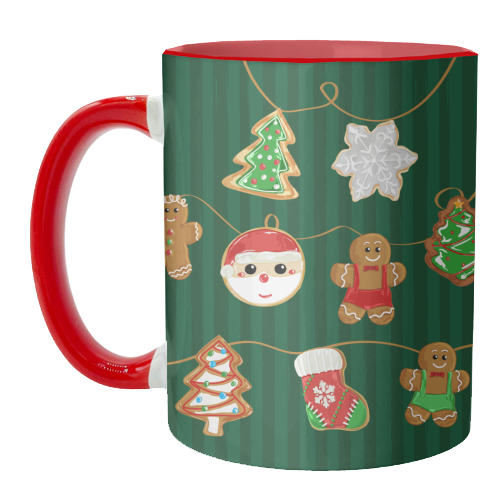 Gingerbread Man Cookies Garlands in Vintage Green Stripes - unique mug by EZbie