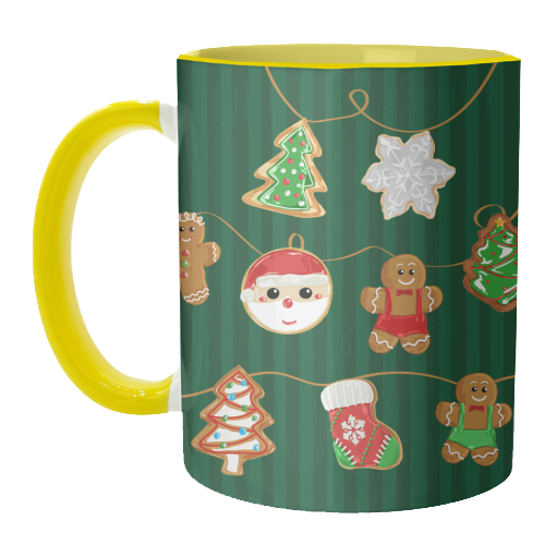 Gingerbread Man Cookies Garlands in Vintage Green Stripes - unique mug by EZbie