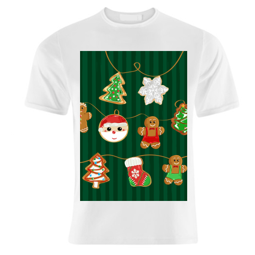Gingerbread Man Cookies Garlands in Vintage Green Stripes - unique t shirt by EZbie
