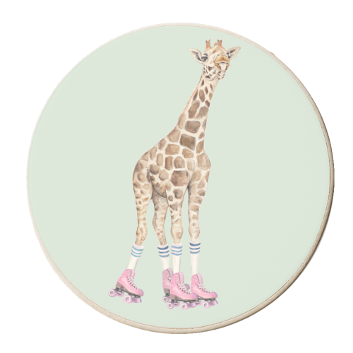 Giraffe roller skating - personalised beer coaster by Beth Reed